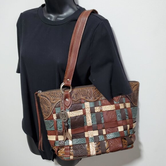 AMERICAN WEST Tooled Leather Woven Shoulder Tote Bag Purse Weave Western Boho - Picture 2 of 14